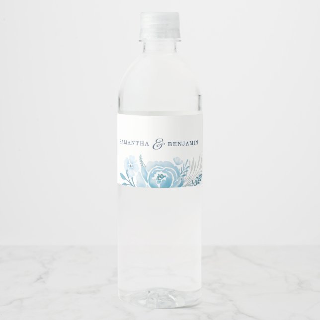 Étiquette Pour Bouteilles D'eau Aquarelle Mariage Floral Bleu Personnalisée (Devant)