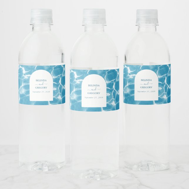 Étiquette Pour Bouteilles D'eau Aquarelle moderne Blue Ocean Beach Mariage (Bouteilles)