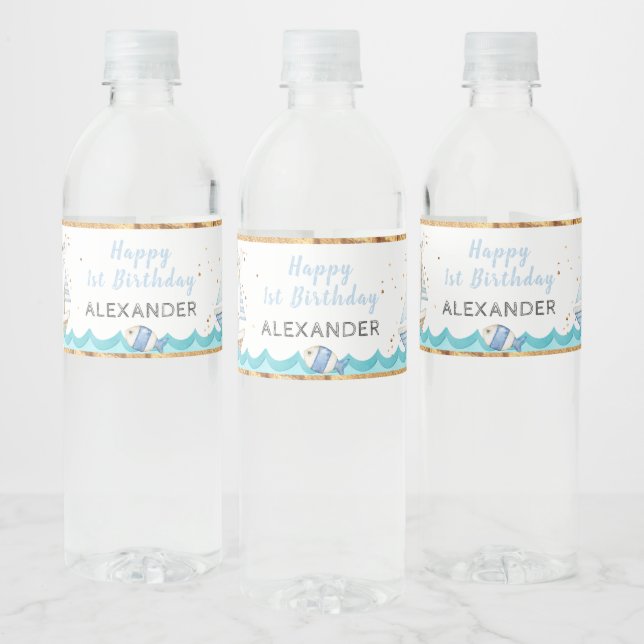 Étiquette Pour Bouteilles D'eau Aquarelle Nautique 1er anniversaire (Bouteilles)