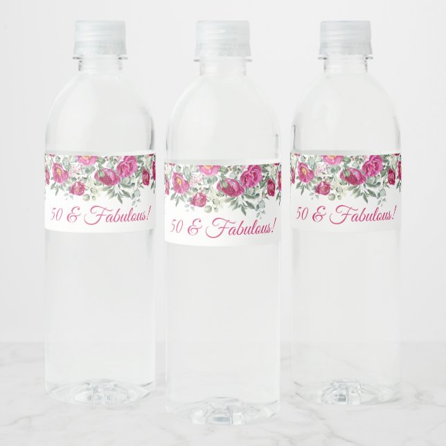Étiquette Pour Bouteilles D'eau Aquarelle rose chaud Peonies 50 & Fabuleux (Bouteilles)