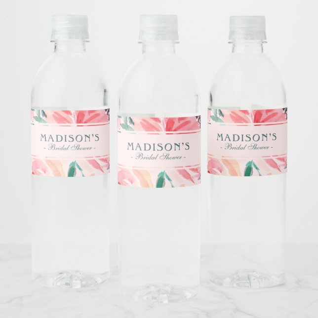 Étiquette Pour Bouteilles D'eau Aquarelle rose vert Fête des mariées florale (Bouteilles)