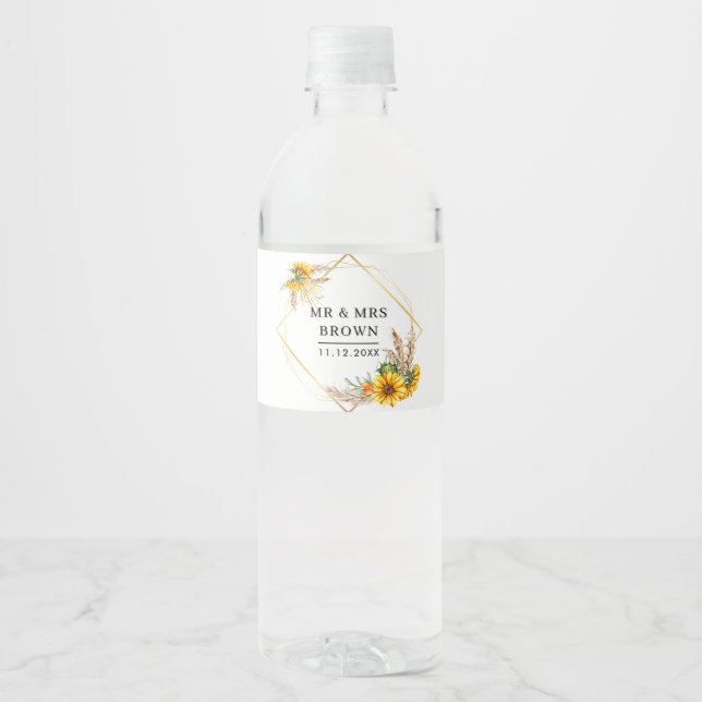 Étiquette Pour Bouteilles D'eau Aquarelle tournesol Mariage rustique (Devant)