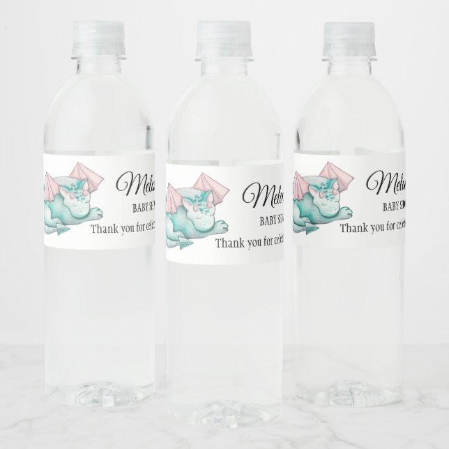 Étiquette Pour Bouteilles D'eau Aquarelle Turquoise Dormir Baby shower Dragon (Bouteilles)