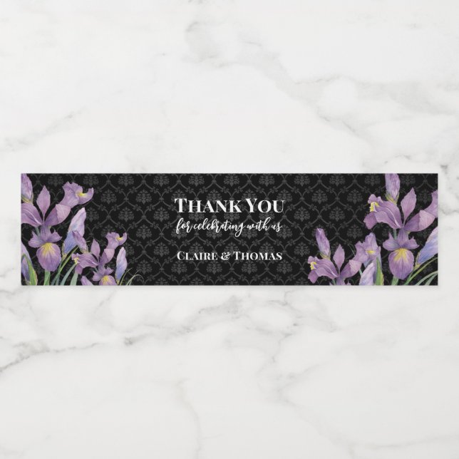 Étiquette Pour Bouteilles D'eau Aquarelle violet Iris noir Damas (Étiquettes simples)