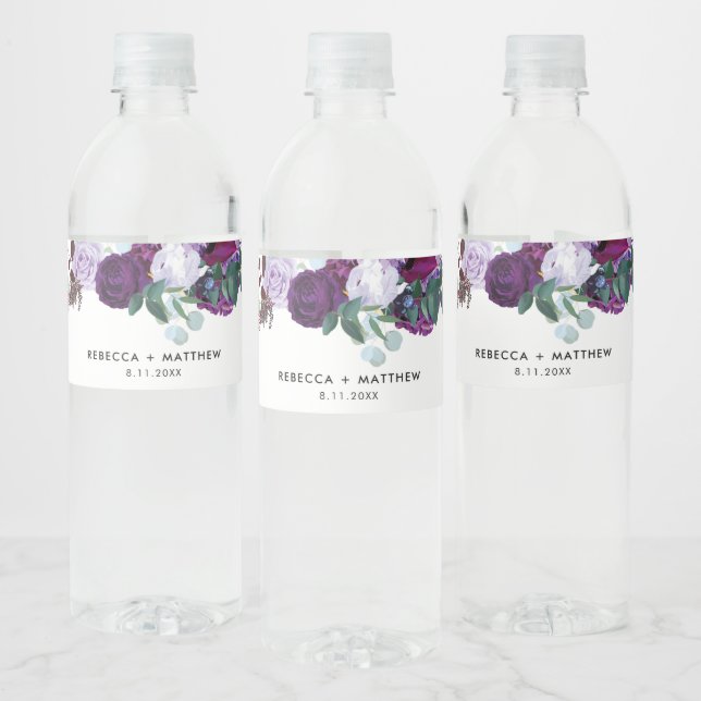 Étiquette Pour Bouteilles D'eau Aquarelle violet Mariage de script Floral (Bouteilles)