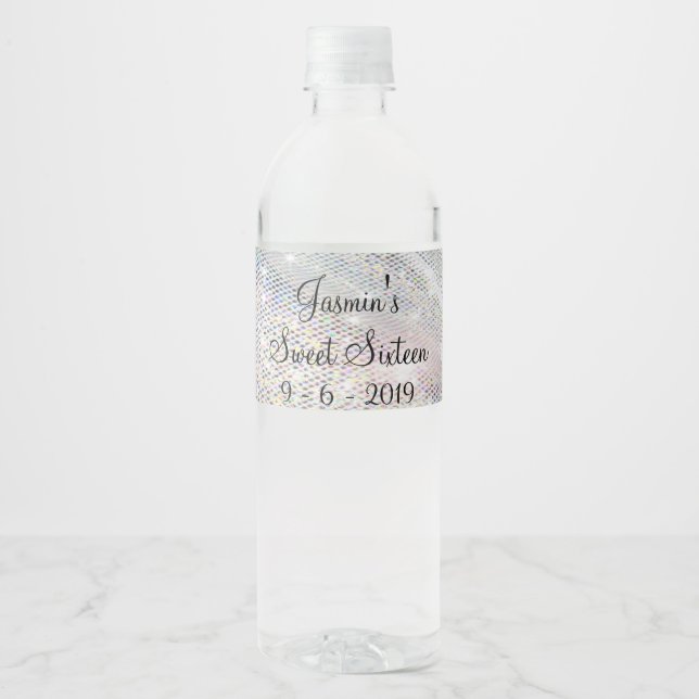 Étiquette Pour Bouteilles D'eau Argent, Faux Foil, Sweet sixteen, Personnalisé, (Devant)
