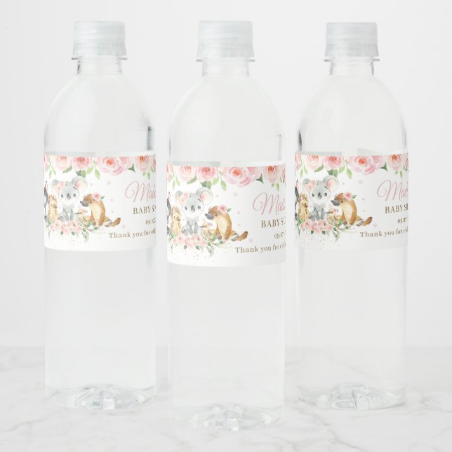 Étiquette Pour Bouteilles D'eau Australie Animaux rose Floral Girl Baby shower (Bouteilles)