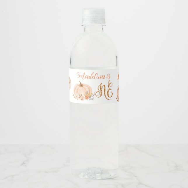 Étiquette Pour Bouteilles D'eau Automne doux petit citrouille premier anniversaire (Devant)