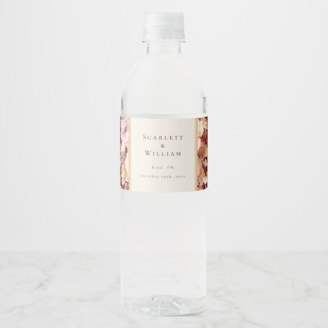 Étiquette Pour Bouteilles D'eau Automne Floral Bourgogne Mariage de crème (Devant)