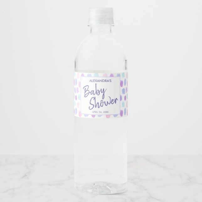 Étiquette Pour Bouteilles D'eau Baby shower Aquarelle Motif Purple Script (Devant)