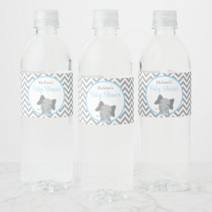 Étiquette Pour Bouteilles D'eau Baby shower bleu clair Cute Elephant Chevron