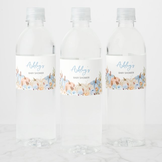 Étiquette Pour Bouteilles D'eau Baby shower Citrouille bleu automne (Bouteilles)