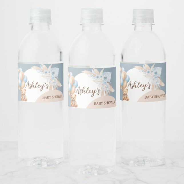 Étiquette Pour Bouteilles D'eau Baby shower de ballon bleu de l'ours Boho (Bouteilles)