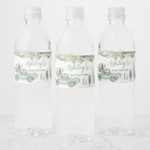 Étiquette Pour Bouteilles D'eau Baby shower de camions verts Woodland d'hiver
