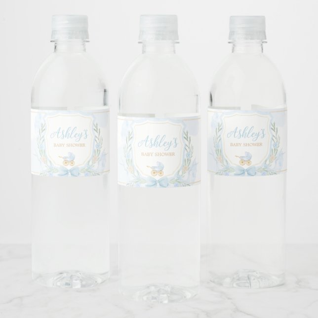 Étiquette Pour Bouteilles D'eau Baby shower de la crête d'aquarelle bleue (Bouteilles)