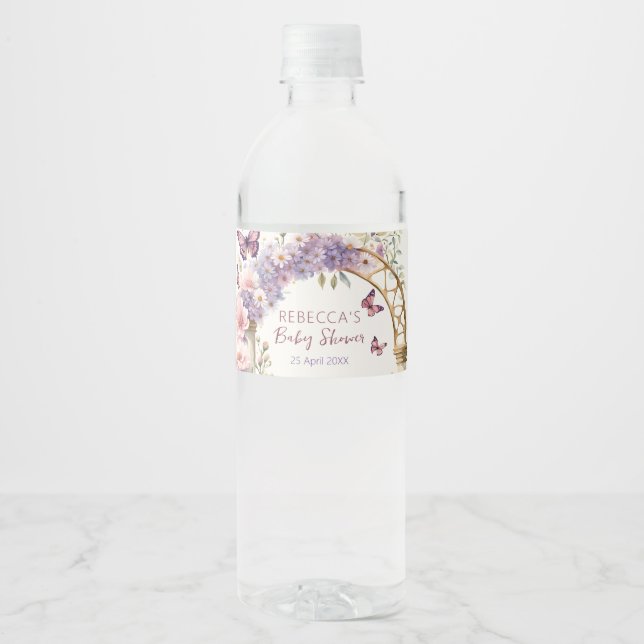Étiquette Pour Bouteilles D'eau Baby shower de papillons pastel de jardin enchanté (Devant)
