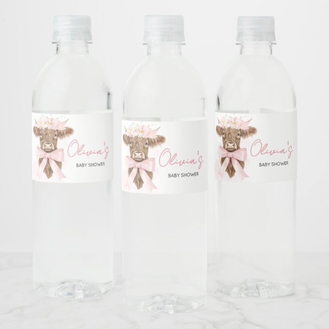 Étiquette Pour Bouteilles D'eau Baby shower de vache rose Floral Highland (Bouteilles)