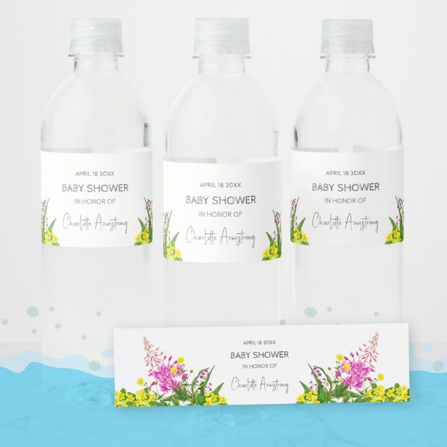 Étiquette Pour Bouteilles D'eau Baby Shower écriture fleurs sauvages lumineuses ro (Romantic Bright Wildflower Script Baby Shower Water Bottle Label - ©Susanne Sachers - Sunny Mind Design)