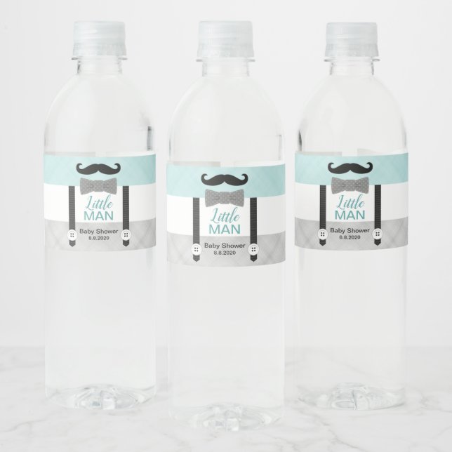 Étiquette Pour Bouteilles D'eau Baby shower garçon petit homme moustache gris ment (Bouteilles)