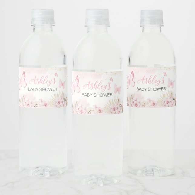 Étiquette Pour Bouteilles D'eau Baby shower papillon rose (Bouteilles)