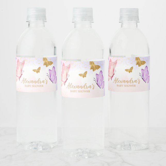Étiquette Pour Bouteilles D'eau Baby shower papillon violet rose or (Bouteilles)