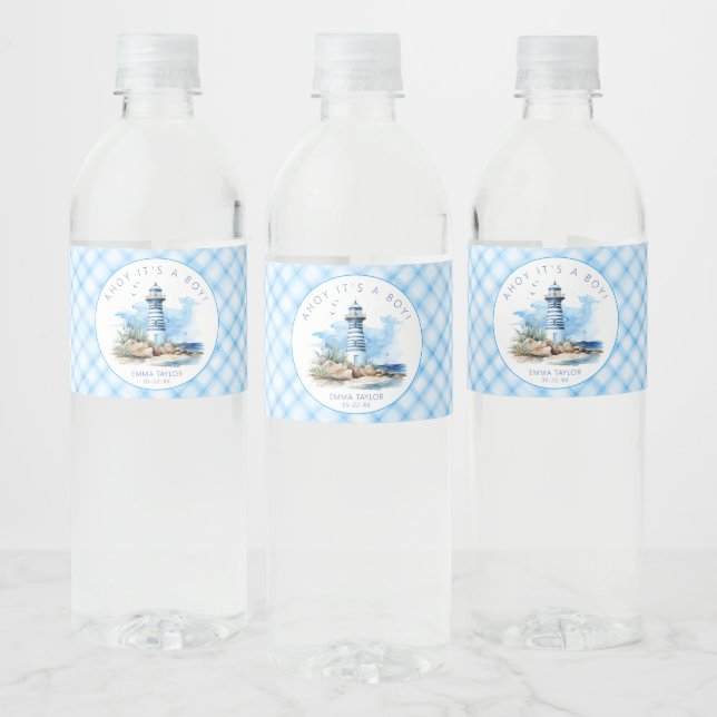 Étiquette Pour Bouteilles D'eau Baby shower phare bleu marine (Bouteilles)