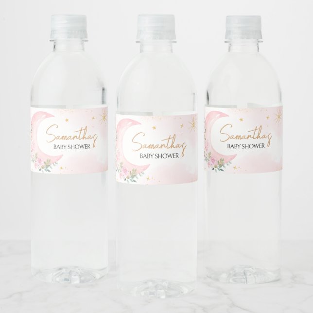 Étiquette Pour Bouteilles D'eau Baby shower rose lune et étoiles (Bouteilles)