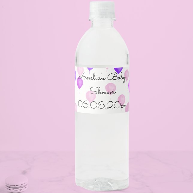 Étiquette Pour Bouteilles D'eau Baby shower rose violet à ballon (Créateur téléchargé)
