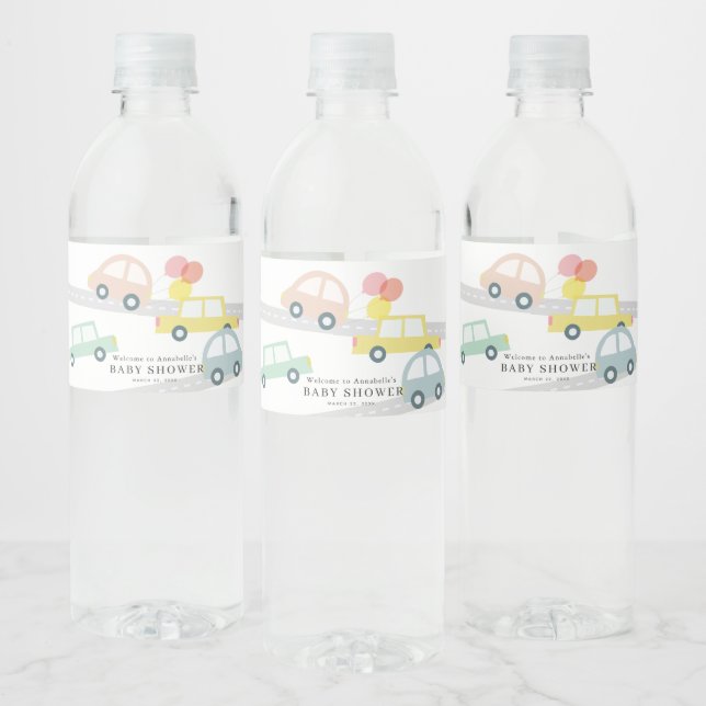 Étiquette Pour Bouteilles D'eau Ballons de voiture rose Baby shower fille blanche (Bouteilles)