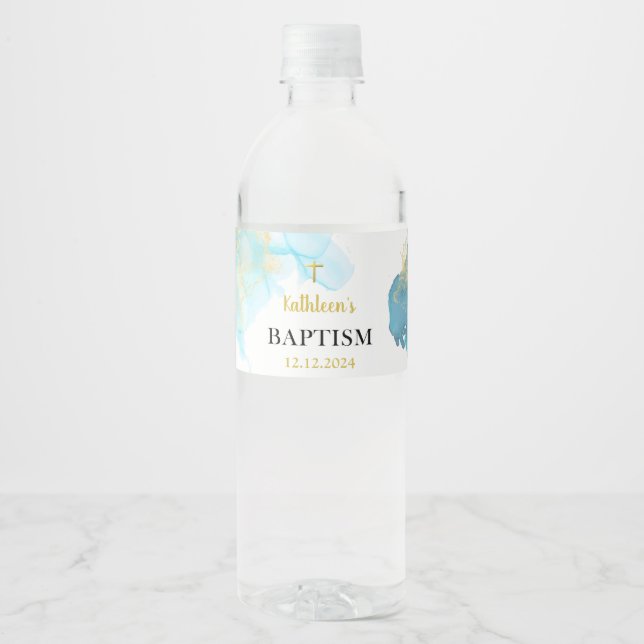 Étiquette Pour Bouteilles D'eau Baptême Bleu Élégant (Devant)