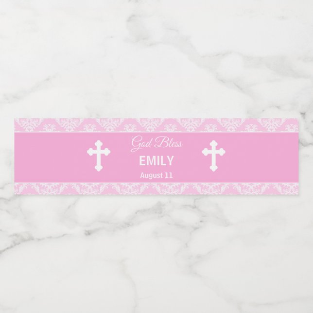 Étiquette Pour Bouteilles D'eau Baptême Christening Pink Bottle Girl Damask (Étiquettes simples)