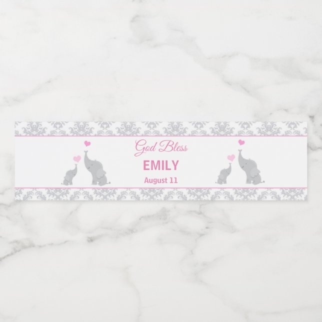 Étiquette Pour Bouteilles D'eau Baptême Christening Pink Elephants Bottle Étiquett (Étiquettes simples)