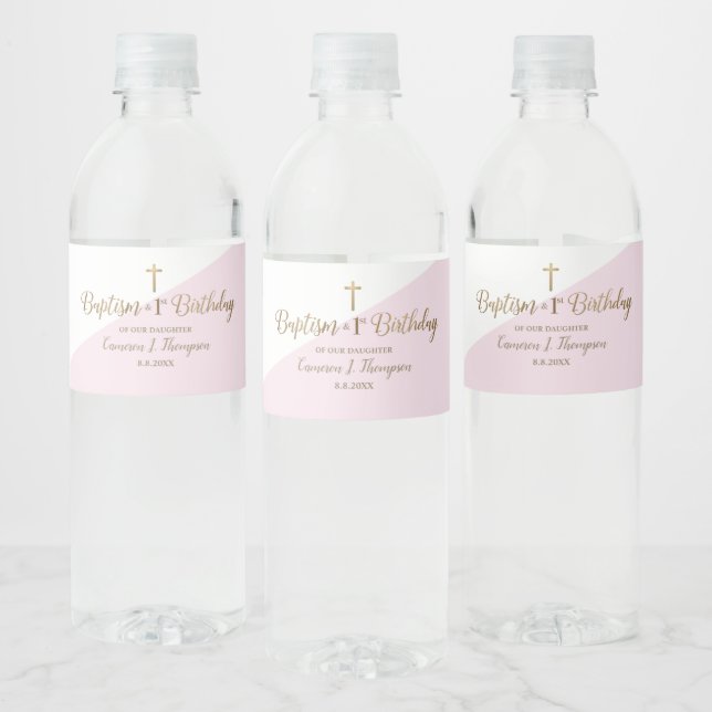 Étiquette Pour Bouteilles D'eau Baptême et premier anniversaire Pink Modern Gold C (Bouteilles)