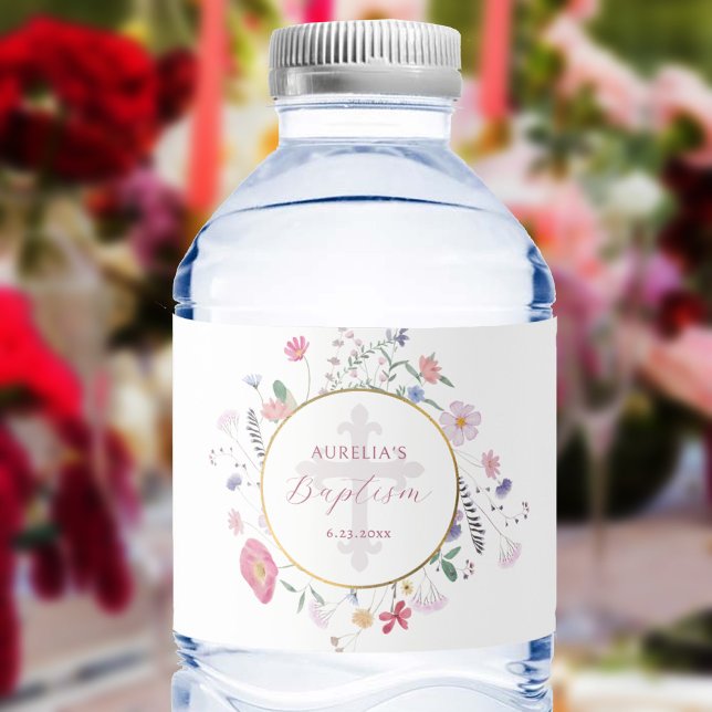 Étiquette Pour Bouteilles D'eau Baptême fleur sauvage (Créateur téléchargé)