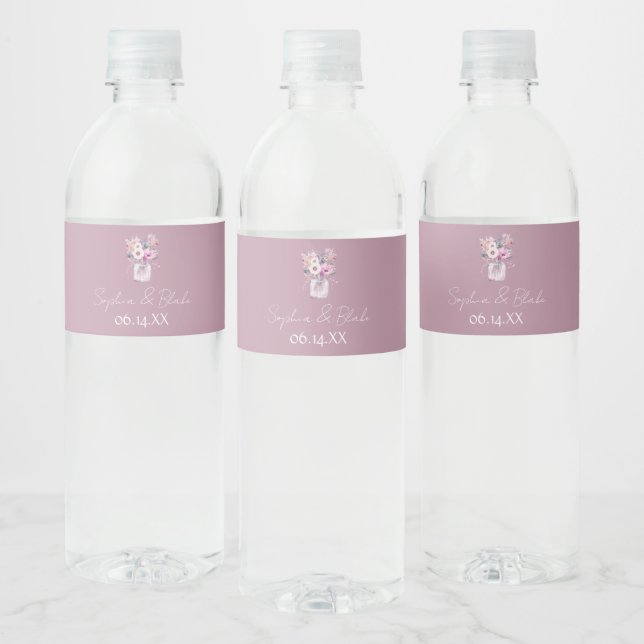 Étiquette Pour Bouteilles D'eau Barres Mason aux fleurs roses (Bouteilles)