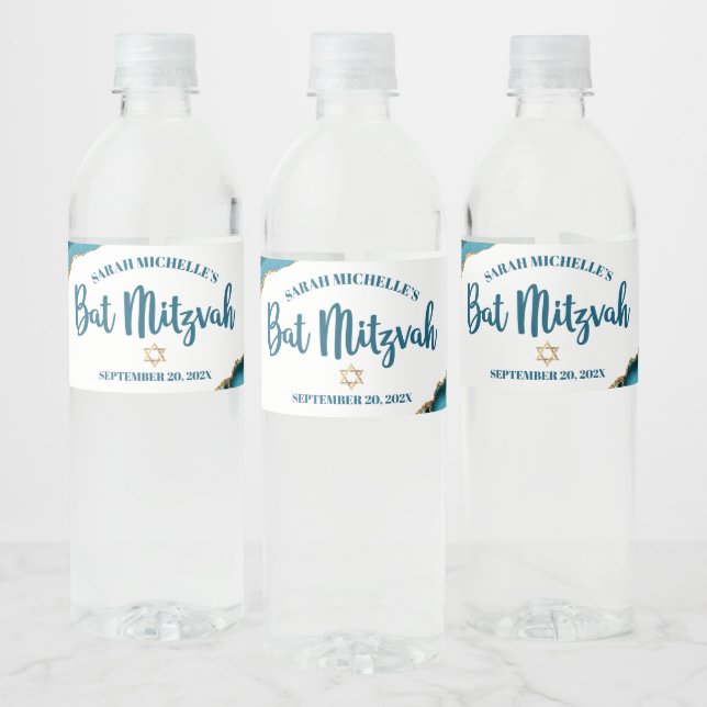 Étiquette Pour Bouteilles D'eau Bat mitzvah Simple Moderne Turquoise Or Agate (Bouteilles)