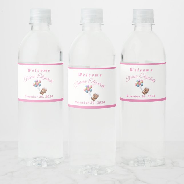 Étiquette Pour Bouteilles D'eau Bear mignonne et Ballons fille (Bouteilles)