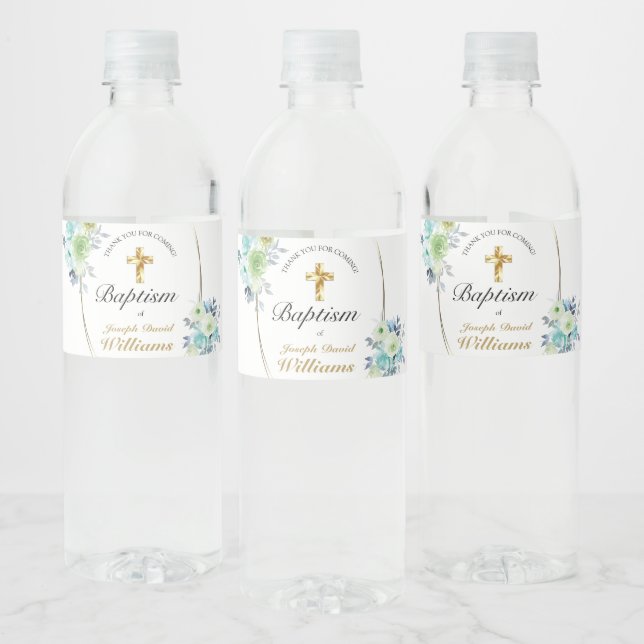 Étiquette Pour Bouteilles D'eau Beau bleu Floral Gold Cross Baby Baptism (Bouteilles)