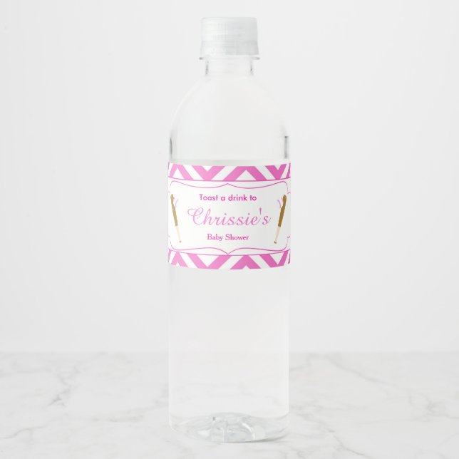Étiquette Pour Bouteilles D'eau Bébé de baseball rose et blanc Chevron (Devant)