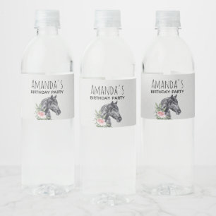 Étiquette Pour Bouteilles D'eau Belle tête de Cheval Noir Aquarelle Anniversaire