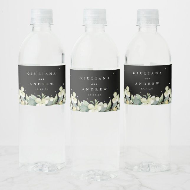 Étiquette Pour Bouteilles D'eau Black Snowberry+Eucalyptus Mariage d'hiver (Bouteilles)