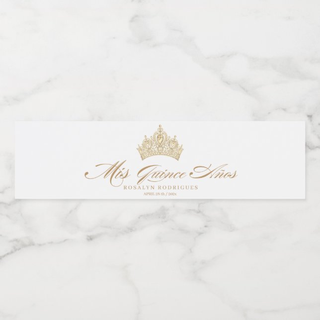 Étiquette Pour Bouteilles D'eau Blanc Quinceanera Gold Elegant Tiara (Étiquettes simples)