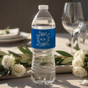 Étiquette Pour Bouteilles D'eau Blason Botanique Bleu Français Monogramme de Maria