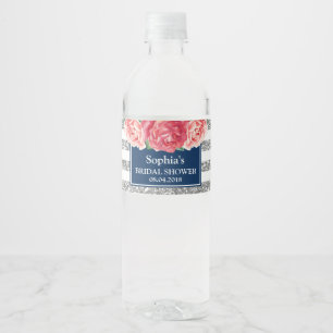 Étiquette Pour Bouteilles D'eau Bleu argenté rayures rose Fête des mariées florale