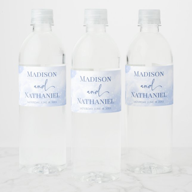 Étiquette Pour Bouteilles D'eau Bleu Blanc Étincelle Nuages Rêveur Élégant Mariage (Bouteilles)