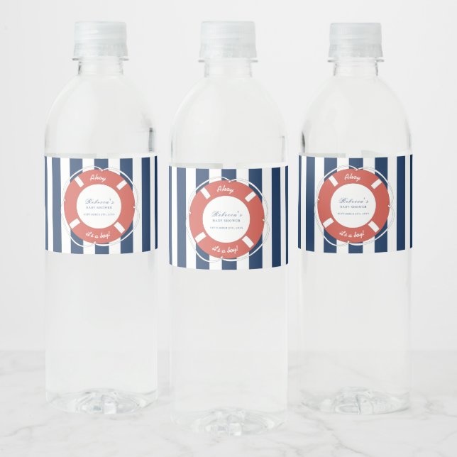 Étiquette Pour Bouteilles D'eau Bleu nautique Baby shower rayé garçon (Bouteilles)