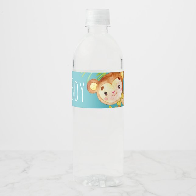 Étiquette Pour Bouteilles D'eau Blue Cute Monkey Baby Boy Faire-part (Devant)