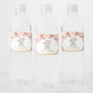 Étiquette Pour Bouteilles D'eau Blush Floral Rose mignon Eléphant 1er anniversair