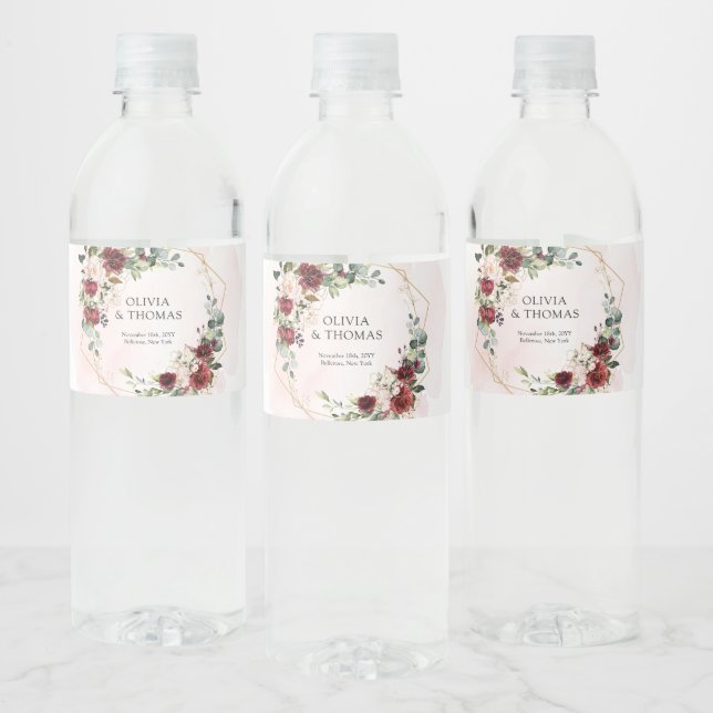 Étiquette Pour Bouteilles D'eau Boho rousse bordeaux rose et or géométrique (Bouteilles)
