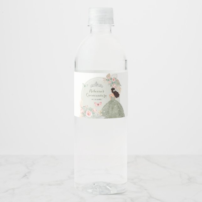 Étiquette Pour Bouteilles D'eau Boho Sage Green Blush Pink Royal Quinceañera (Devant)
